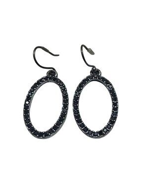 Silver Tone Oval Drop Earrings Black Rhinestone Accents Hook Classy Simple